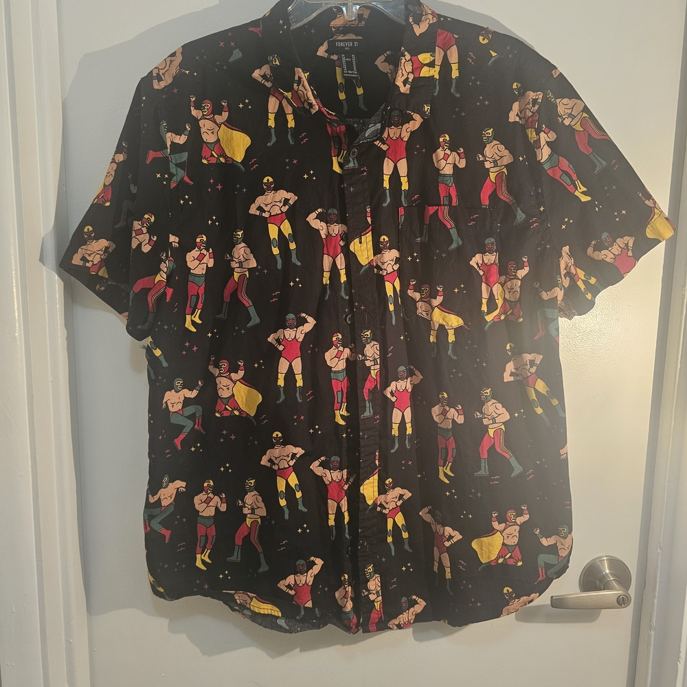 Forever 21 Black Shirt with Vibrant Lucador Wrestler Design